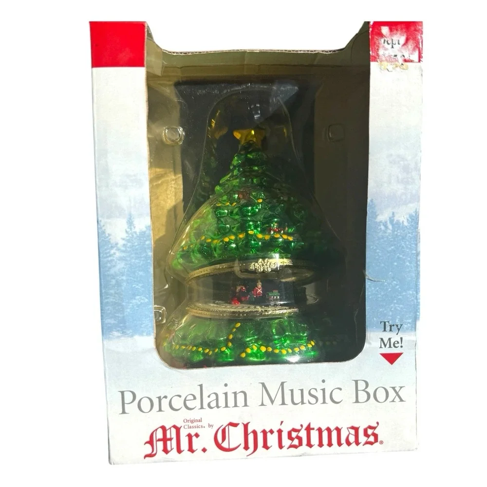 MR. CHRISTMAS ANIMATED MUSIC BOX W/TRAIN GOING AROUND TREE NOS Porcelain‎ 12